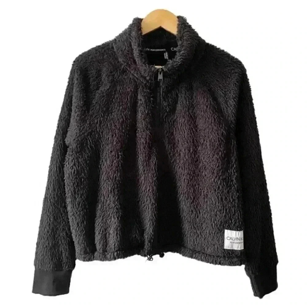 Calvin Klein Plush Sweater Cropped Fuzzy 1/4 Zip Pullover Black Size XL